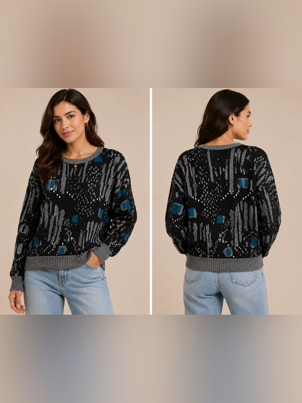 London Fog Black Crewneck Sweater with Teal and Gray Abstract Pattern